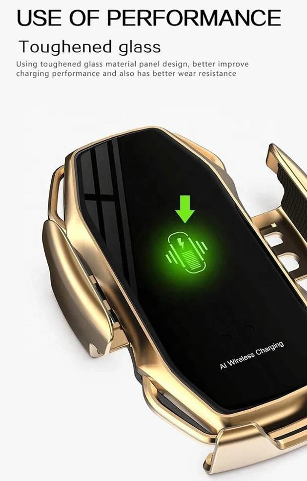 10W wireless car phone charger mounted on car air vent with LED indicator showing charging status