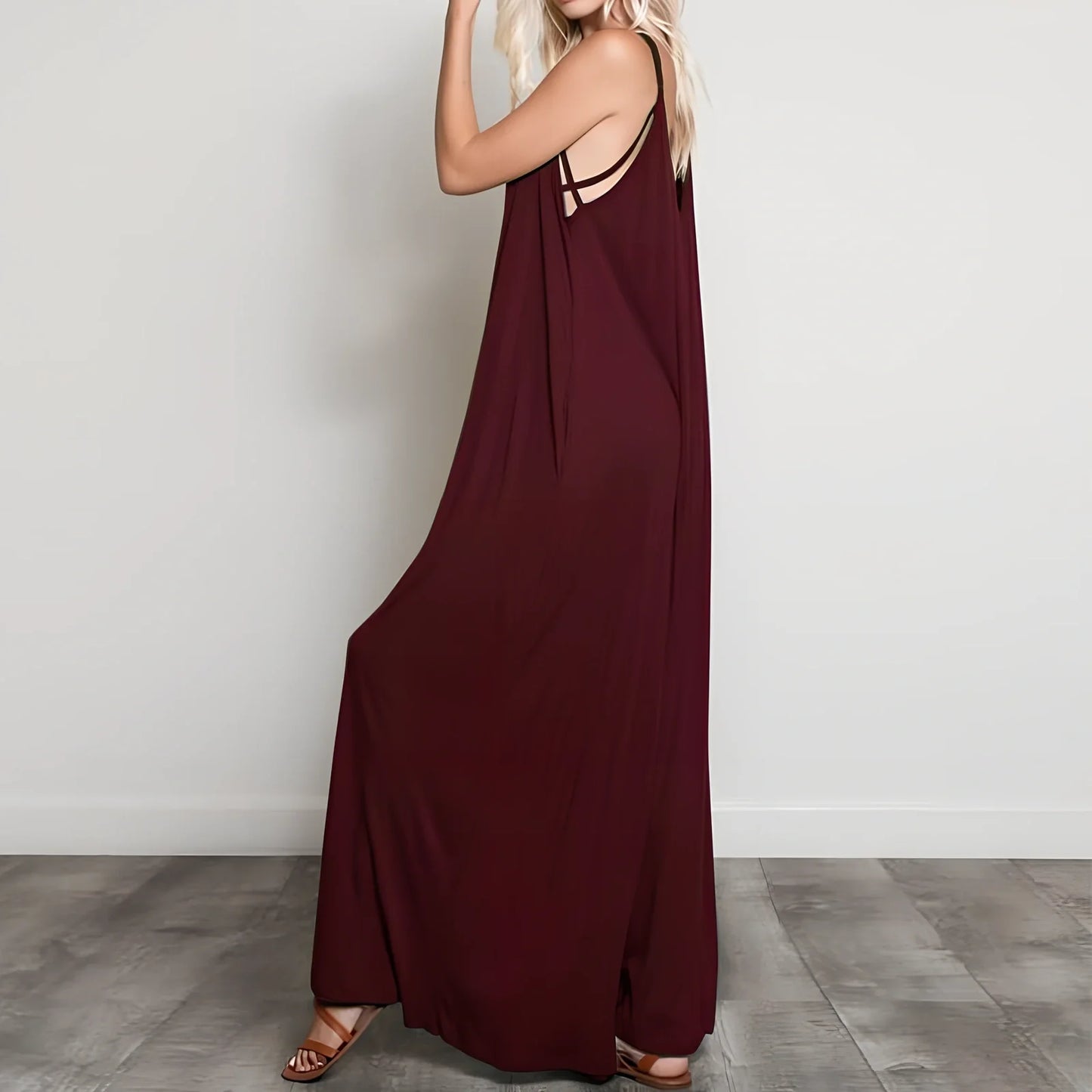 Women's black V-neck long jumpsuit with wide legs, loose fit up to 5XL, 160cm length for summer casual wear