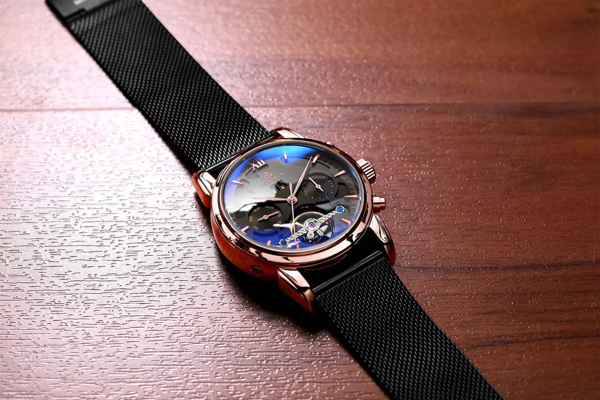 Mechanical tourbillon watch for men with genuine leather strap and mineral glass mirror, black dial, calendar display