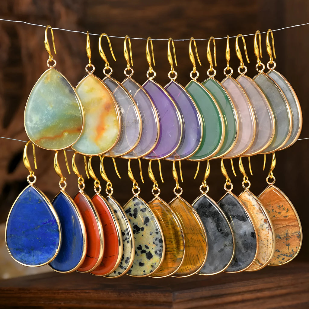 Close-up of women's retro water drop pendant earrings made from natural stone in a selection of colours.