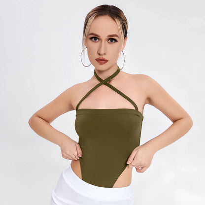 Dark green women's one-shoulder bodysuit with short 15cm sleeves, 90% polyester 10% spandex, sizes S M L