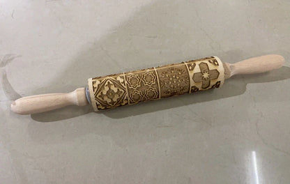 Wooden Christmas embossing rolling pin with non-stick surface for festive baking