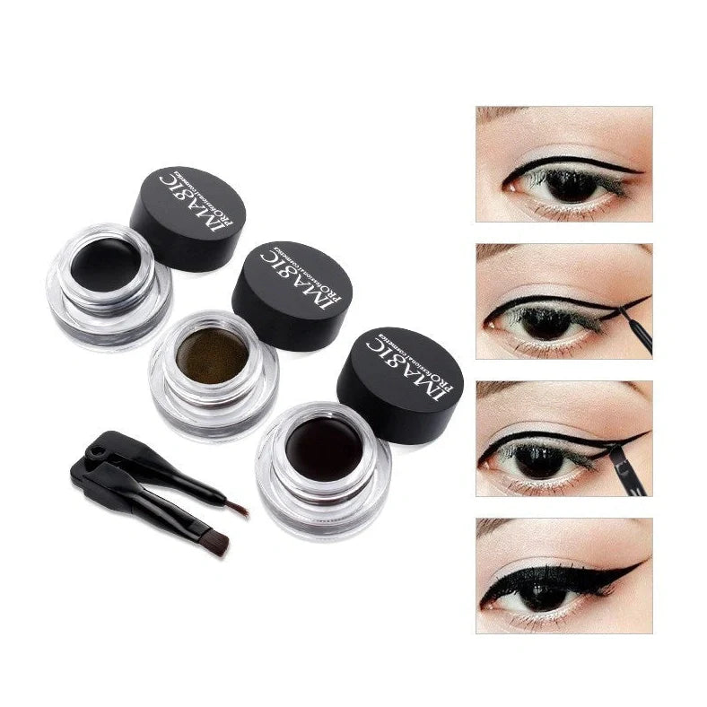 Brush-tip liquid eyeliner with fine 0.5mm applicator showing three colour options E01, E02, E03