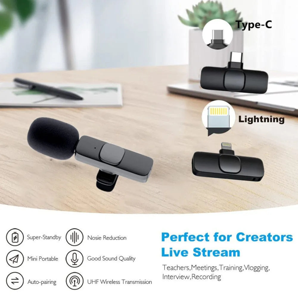 Wireless lavalier microphone with receiver, USB cable, and manual on white background