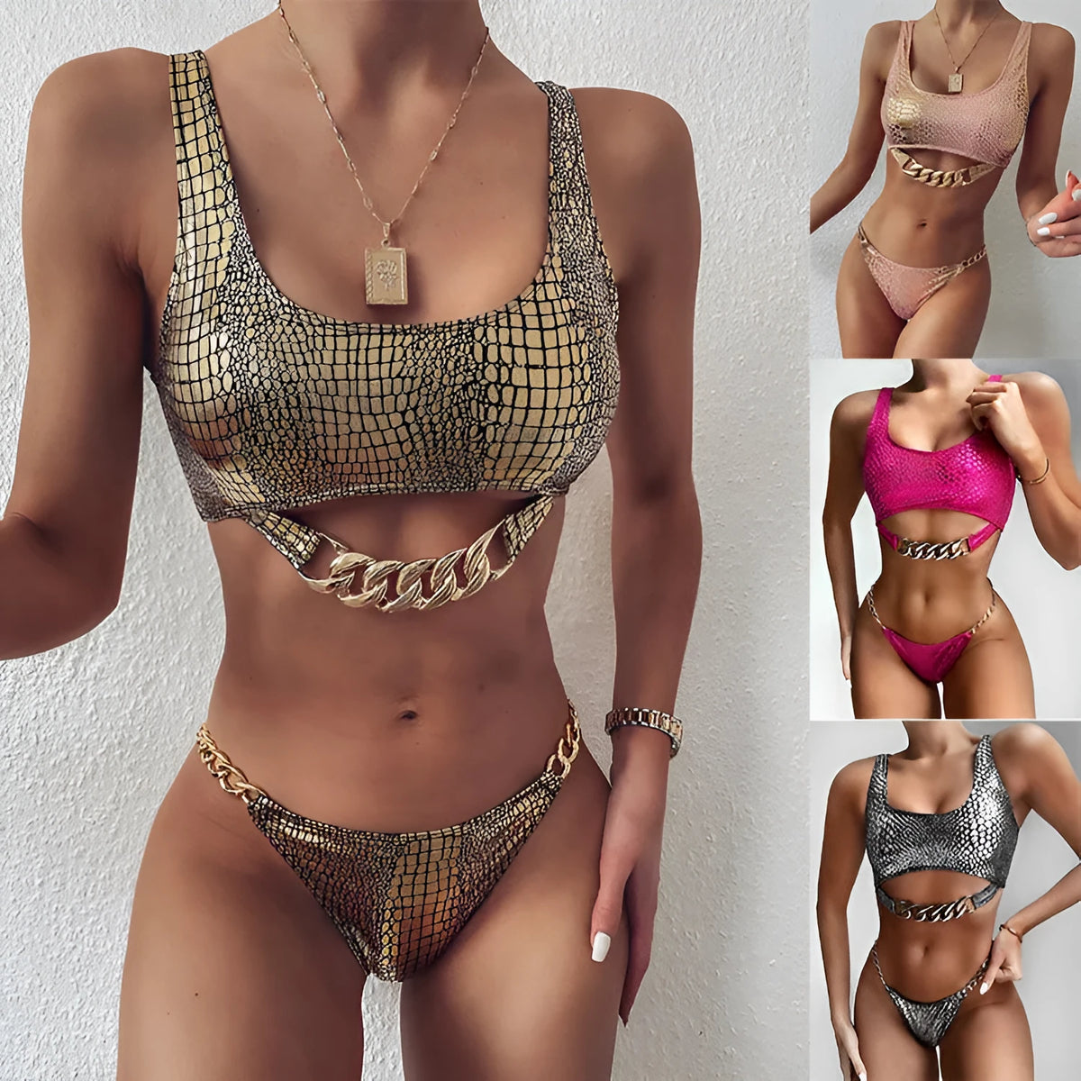 Bronzing fabric ladies split swimwear in gold with chest pad, nylon 80%