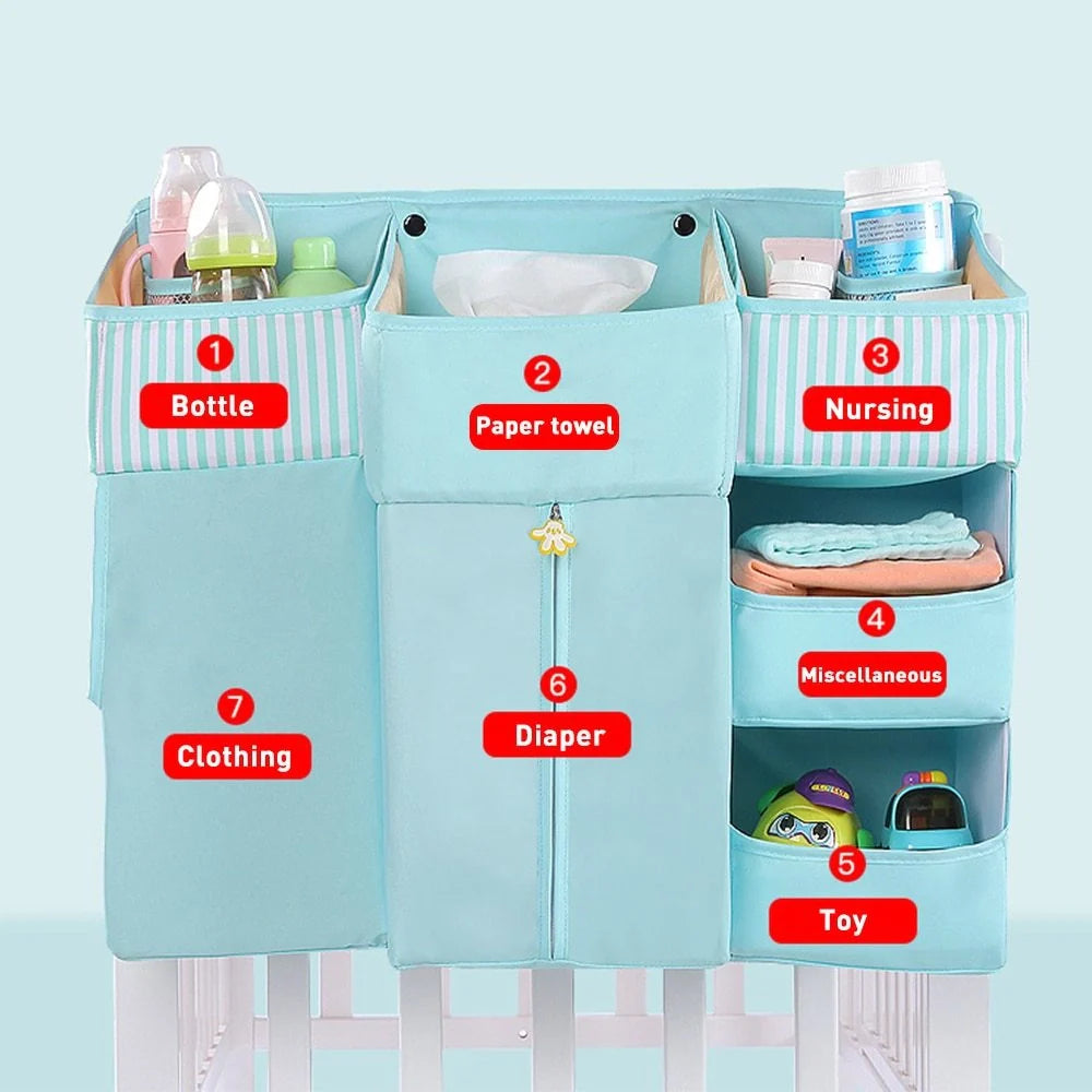 Universal baby crib hanging storage bag in durable Oxford cloth, available in multiple colours