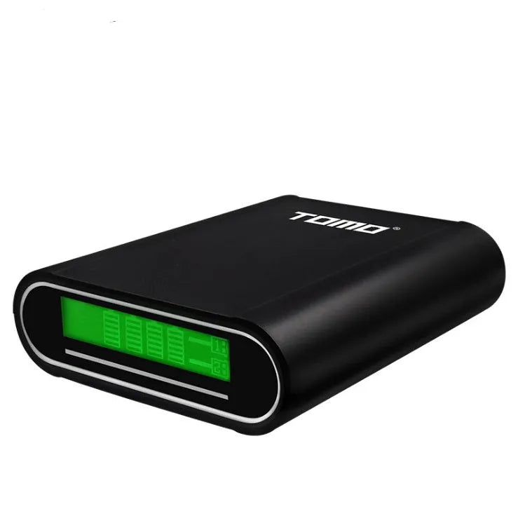 Black and white portable power bank with LCD displays showing four battery levels