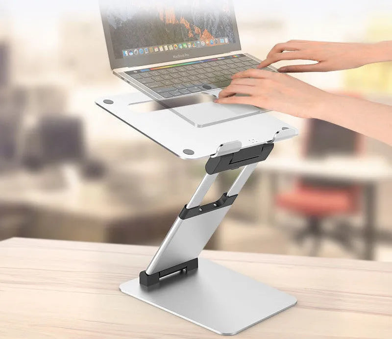Silver folding double-arm stand for 17 inch notebook computer with aluminium alloy construction