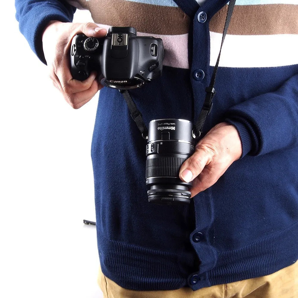 Aluminium alloy camera lens flipper dual holder with stainless steel buckle and cotton strap.