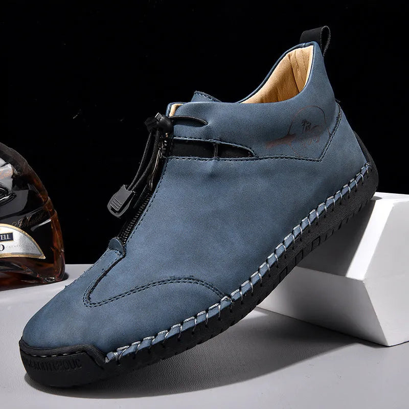 Men's casual leather shoes with pointed toe and mid-heel in black, blue, green, or khaki colours