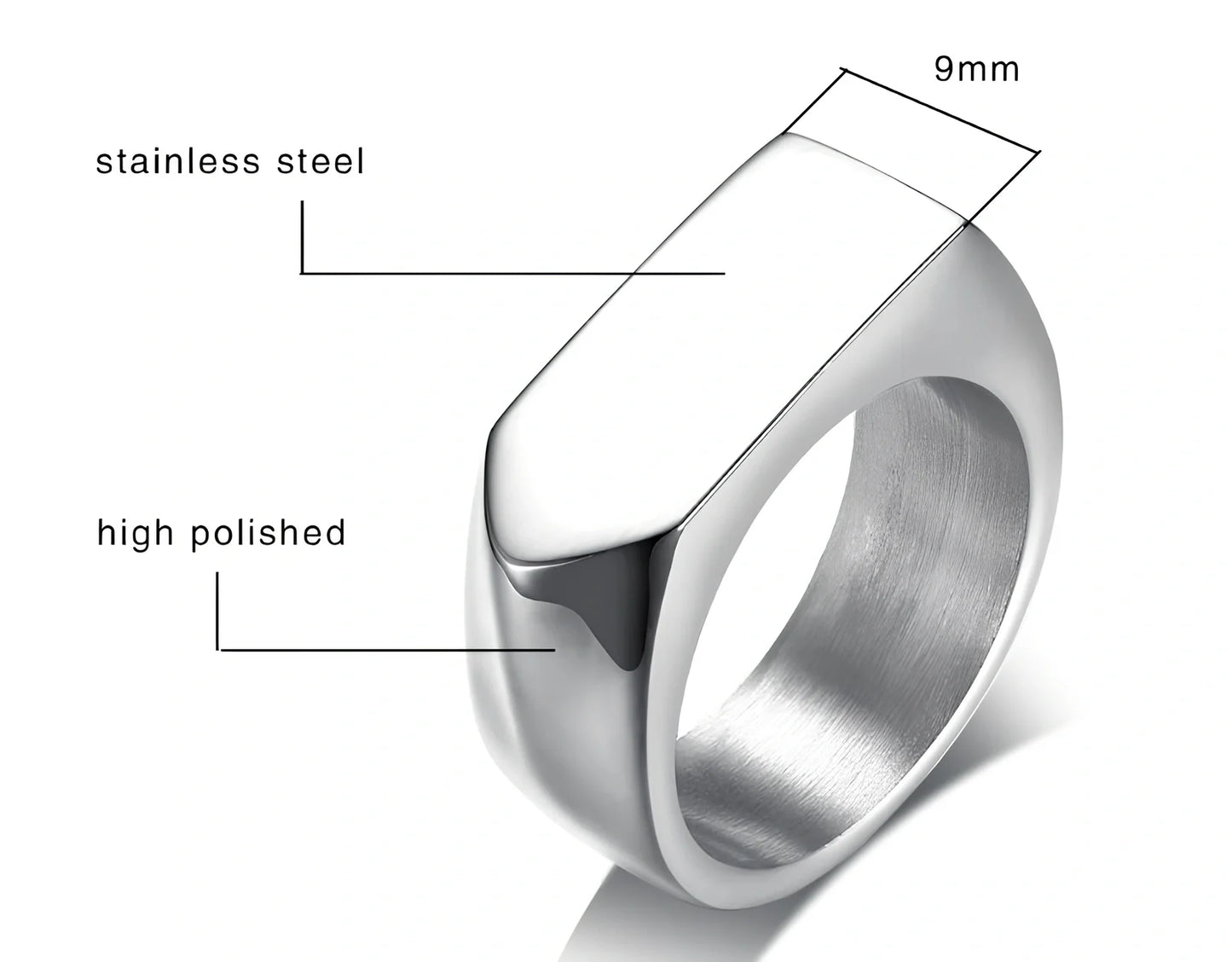 Men's black square punk ring in stainless steel, 9mm width, IP plated for durability, size US 10 shown