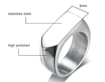 Men's black square punk ring in stainless steel, 9mm width, IP plated for durability, size US 10 shown