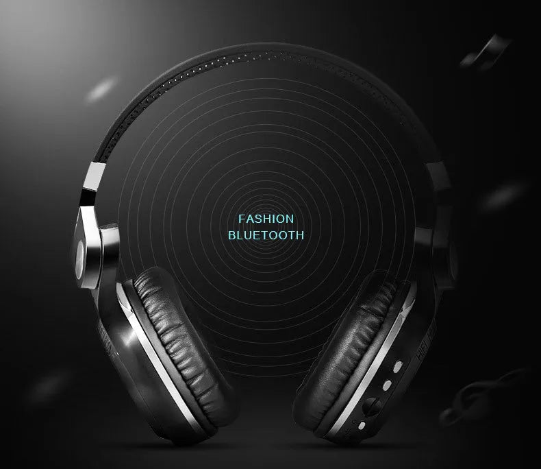 Over-ear Bluetooth headset with card plug-in subwoofer in black, blue, red, or white colour options.