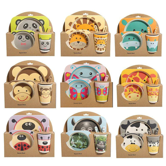 Five-piece bamboo fibre children's tableware set with vibrant animal-themed designs