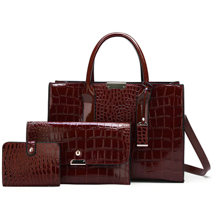 Black women's shoulder diagonal bag with crocodile embossed cowhide, zipper closure, 25cm length square shape