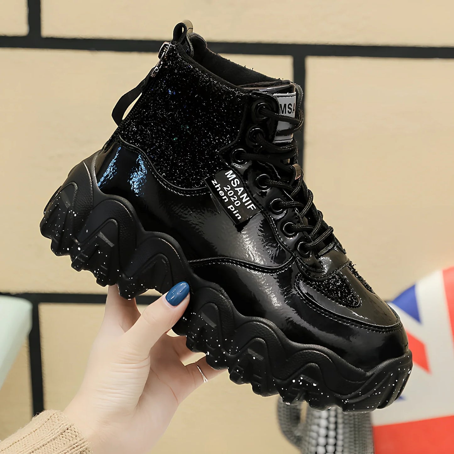 Women's platform sneakers with decorative sequins and 3-5cm heel in black, red, or silver