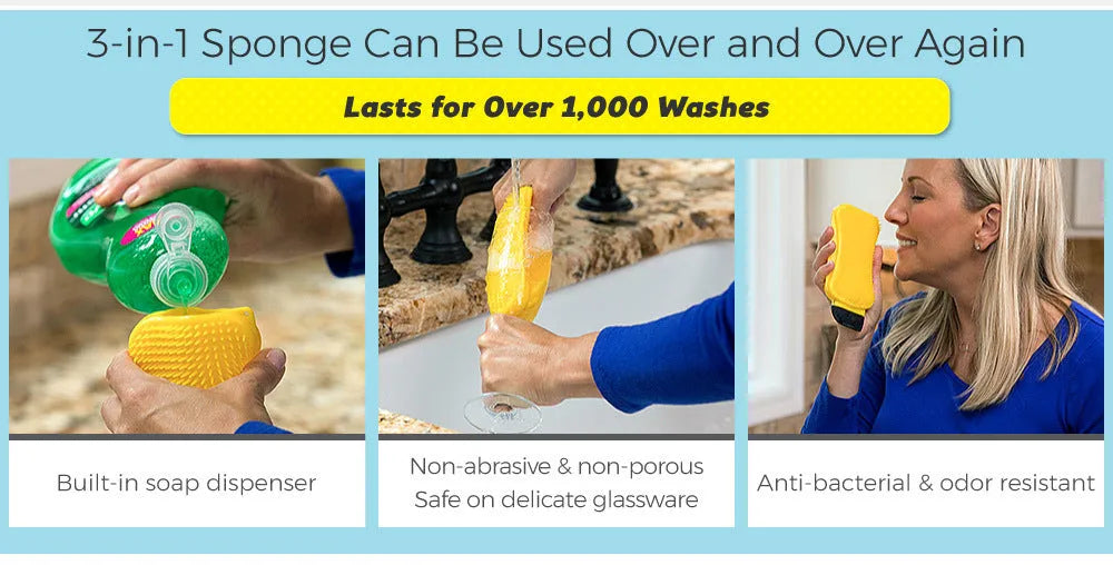 3-in-1 silicone sponge scrubber with built-in soap dispenser, nylon scraper, and squeegee on kitchen counter