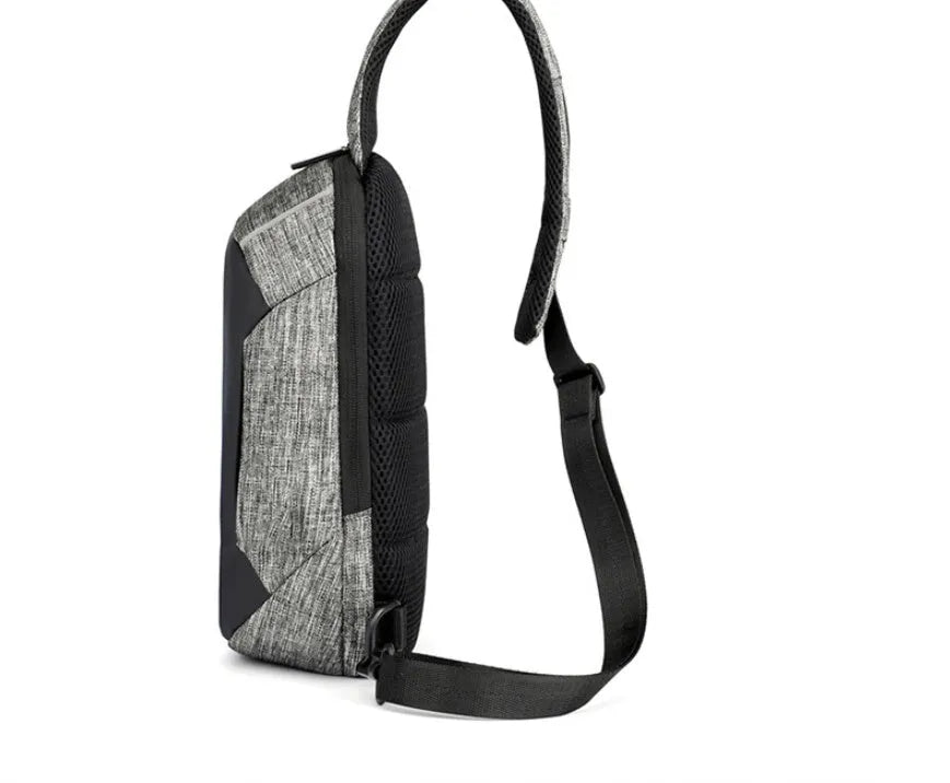Dark blue waterproof oxford cloth chest bag with a single strap and front zipper.