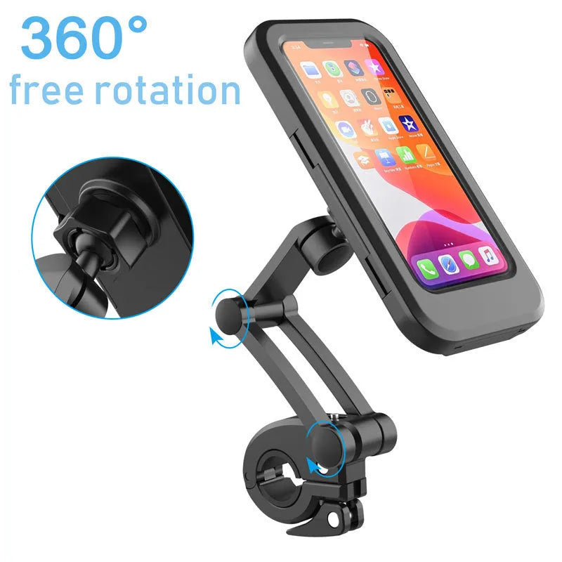 Black adjustable waterproof bicycle phone mount on a handlebar, showing three joints and magnetic phone attachment.