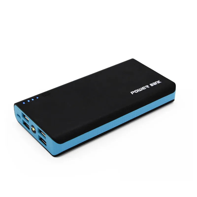 A 20000mAh portable power bank in multiple colours, showing its compact size and fast-charging ports.
