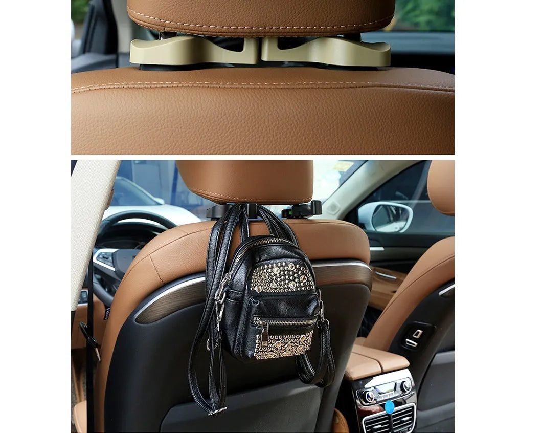 Pair of concealed plastic car seat back hooks for hanging bags and coats, available in black or white