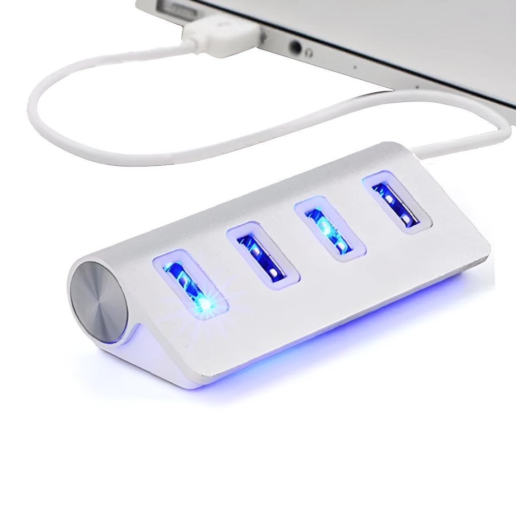 Silver USB-C to 4-port USB 2.0 hub with aluminium alloy build, compact size 88x39x22 mm