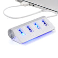 Silver USB-C to 4-port USB 2.0 hub with aluminium alloy build, compact size 88x39x22 mm