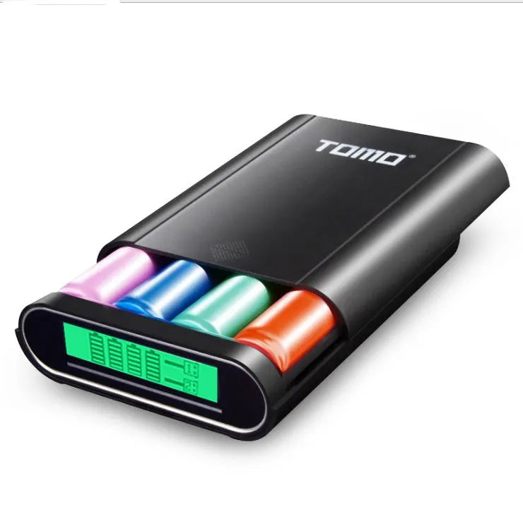 Black and white portable power bank with LCD displays showing four battery levels