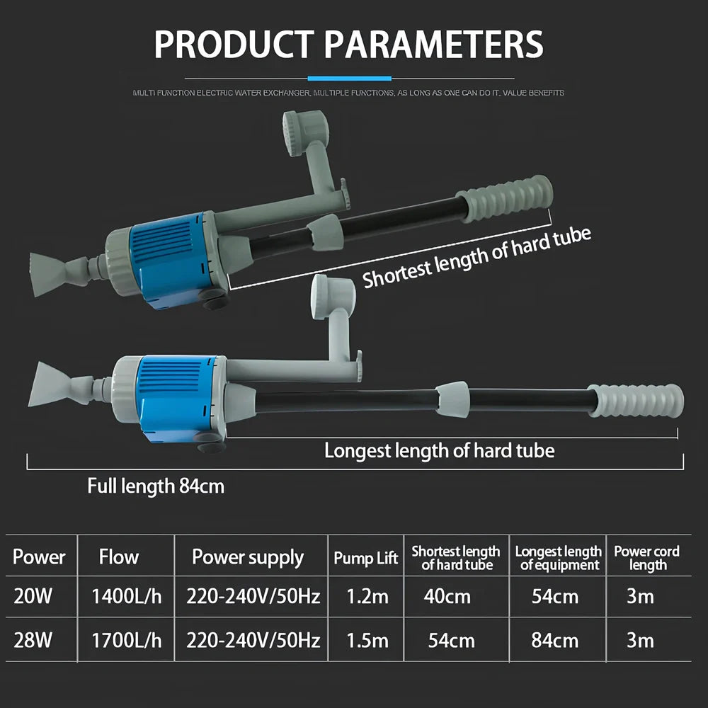 Aquarium multifunction water changer with 84 cm 28 W model, 16 mm hose, and suction ports for gravel vacuuming and siphoning