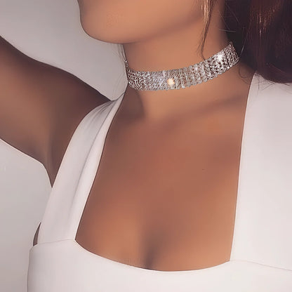Women's full crystal rhinestone choker necklace, 29cm length with 10cm extension, multicolor or white options in 1-2.5cm widths