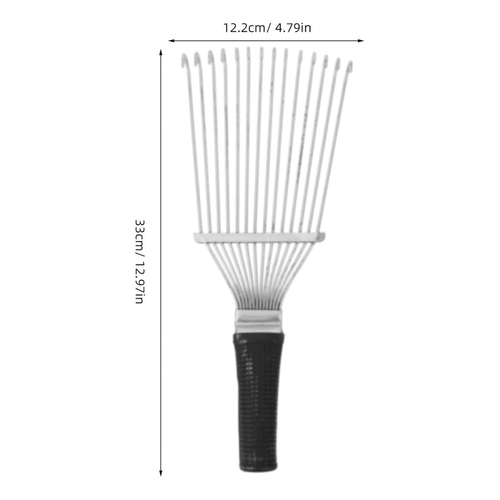 Black stainless steel pet grooming rake comb for dog undercoat and horse hair removal.