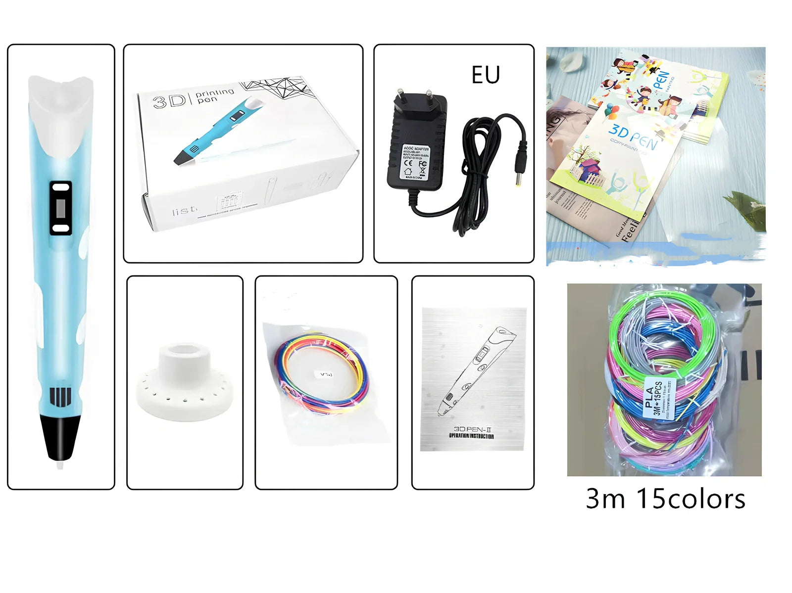 Yellow Children's 3D Printing Pen with USB, base, and 3m 3-colour consumables for three-dimensional drawing
