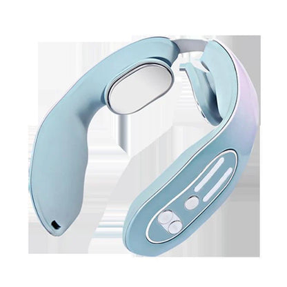 EMS Neck Massager with heat function in gradient blue, showing ergonomic design