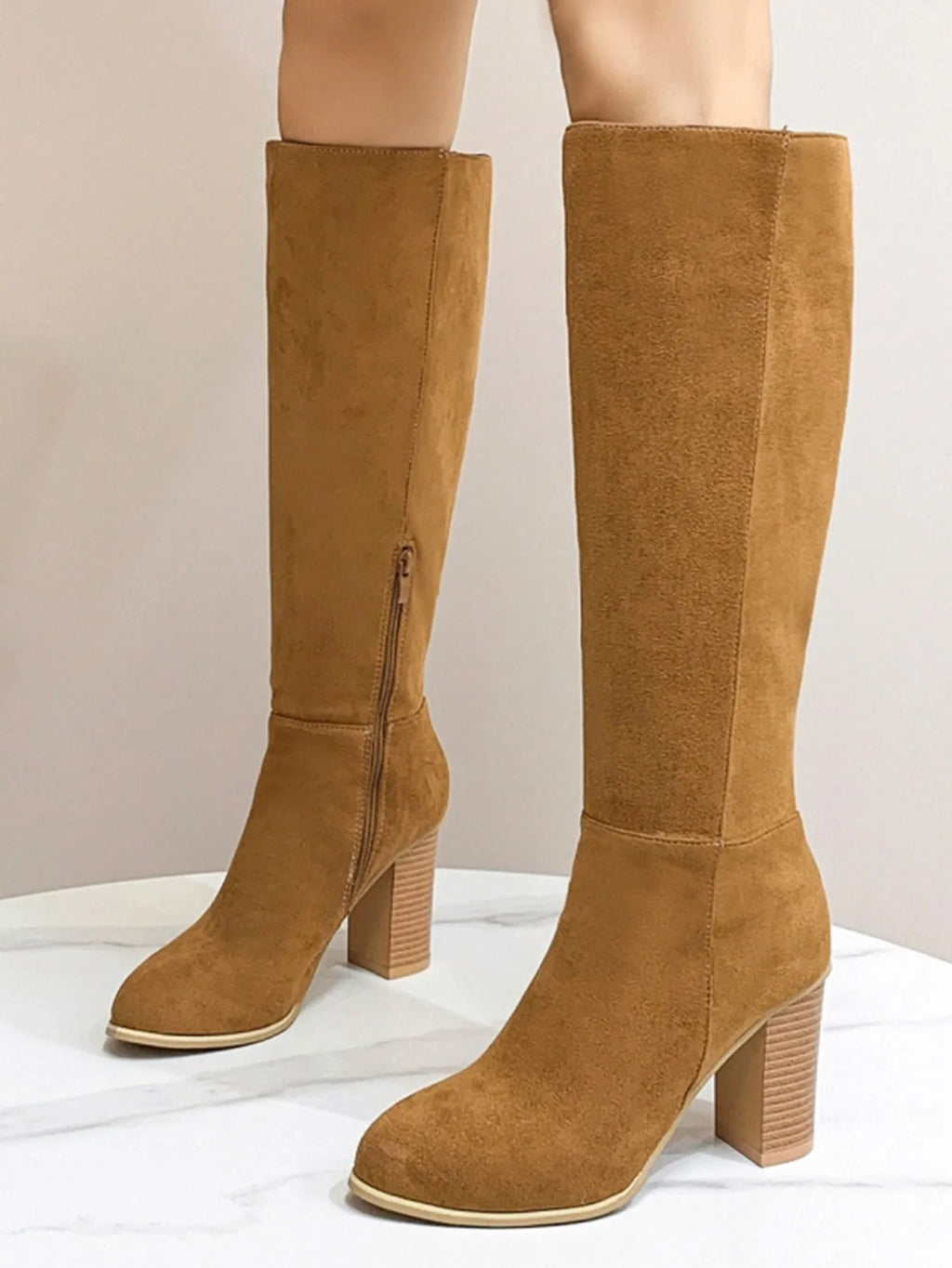 Women's square toe high heel boots in black or dark brown artificial PU material