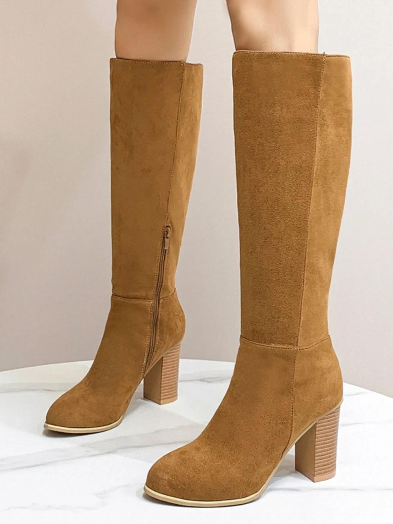 Women's square toe high heel boots in black or dark brown artificial PU material