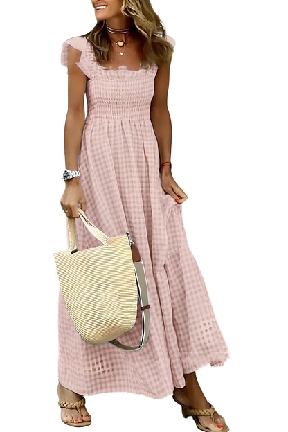 Summer plaid print pleated ruffle sleeveless A-line beach dress in sky blue, 134cm length, polyester fabric for women sizes S-3XL