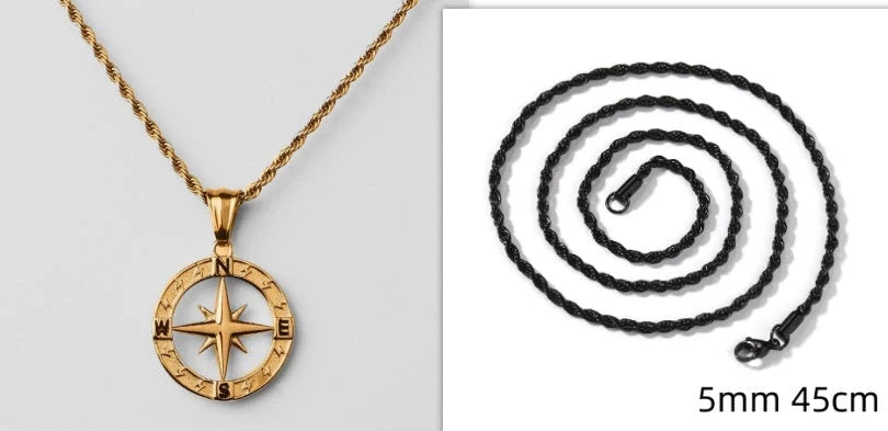 Stainless steel compass circular necklace with electroplated finish in gold and steel options