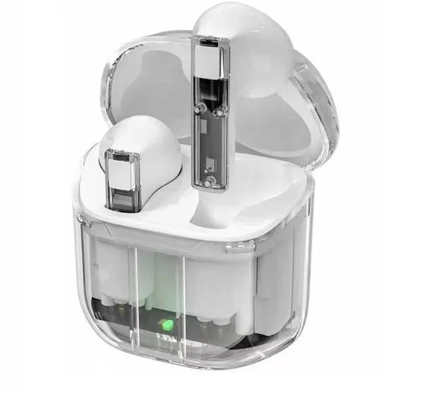 Transparent space capsule case true wireless Bluetooth earphones showing digital display and multiple colour options