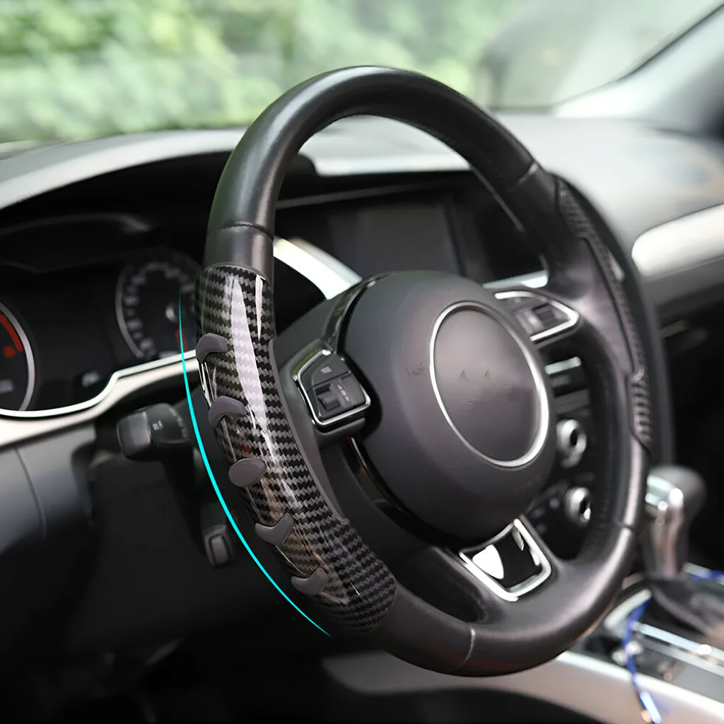 Carbon fibre black woven anti-slip sleeve for a 38cm car steering wheel.