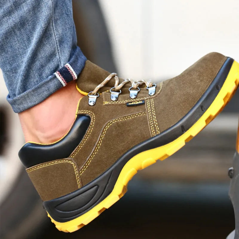 Bronze coloured cowhide steel toe safety shoes with anti-skid sole pattern