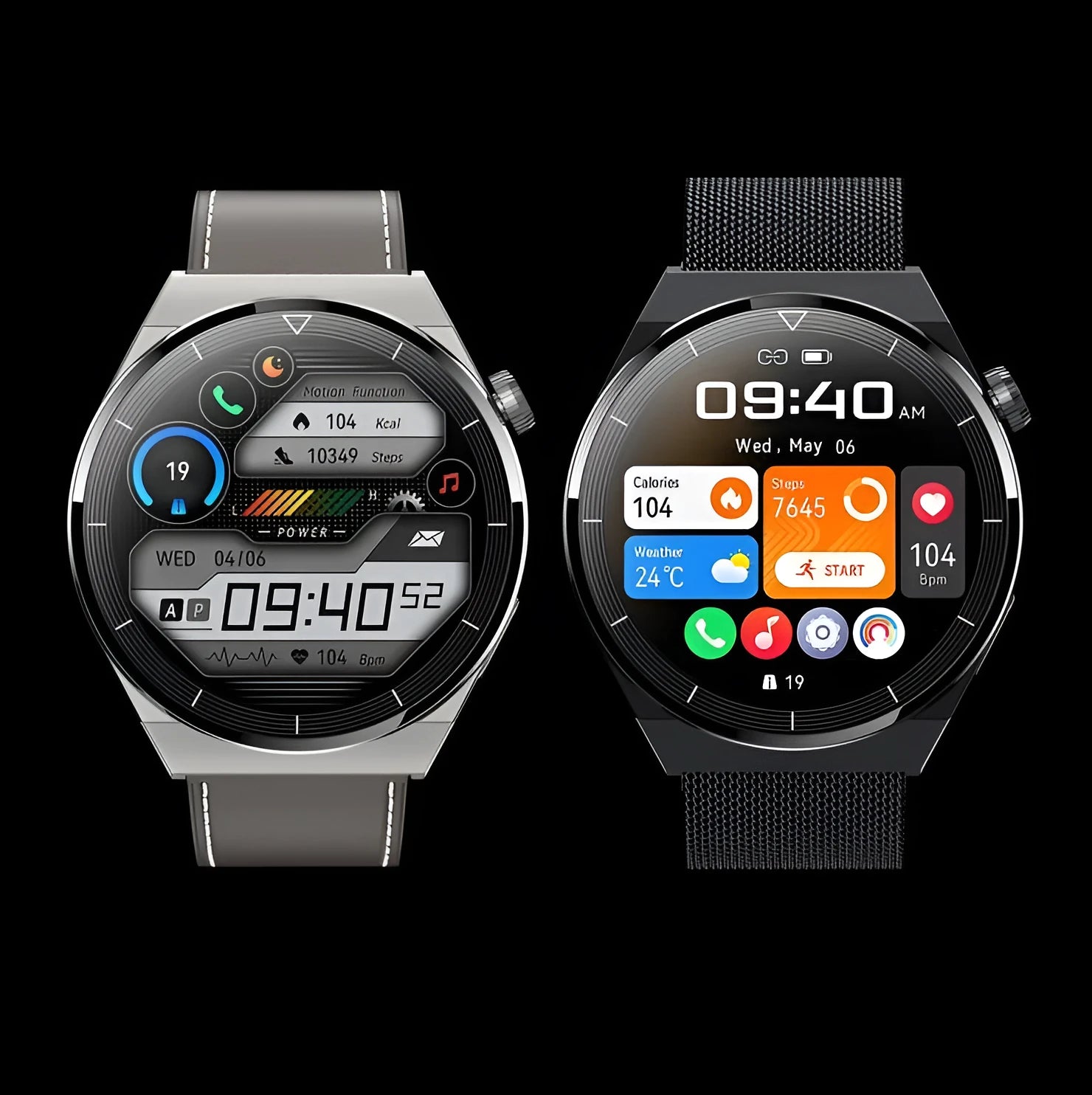 Black Android smart watch with round 1.36-inch screen and silicone strap