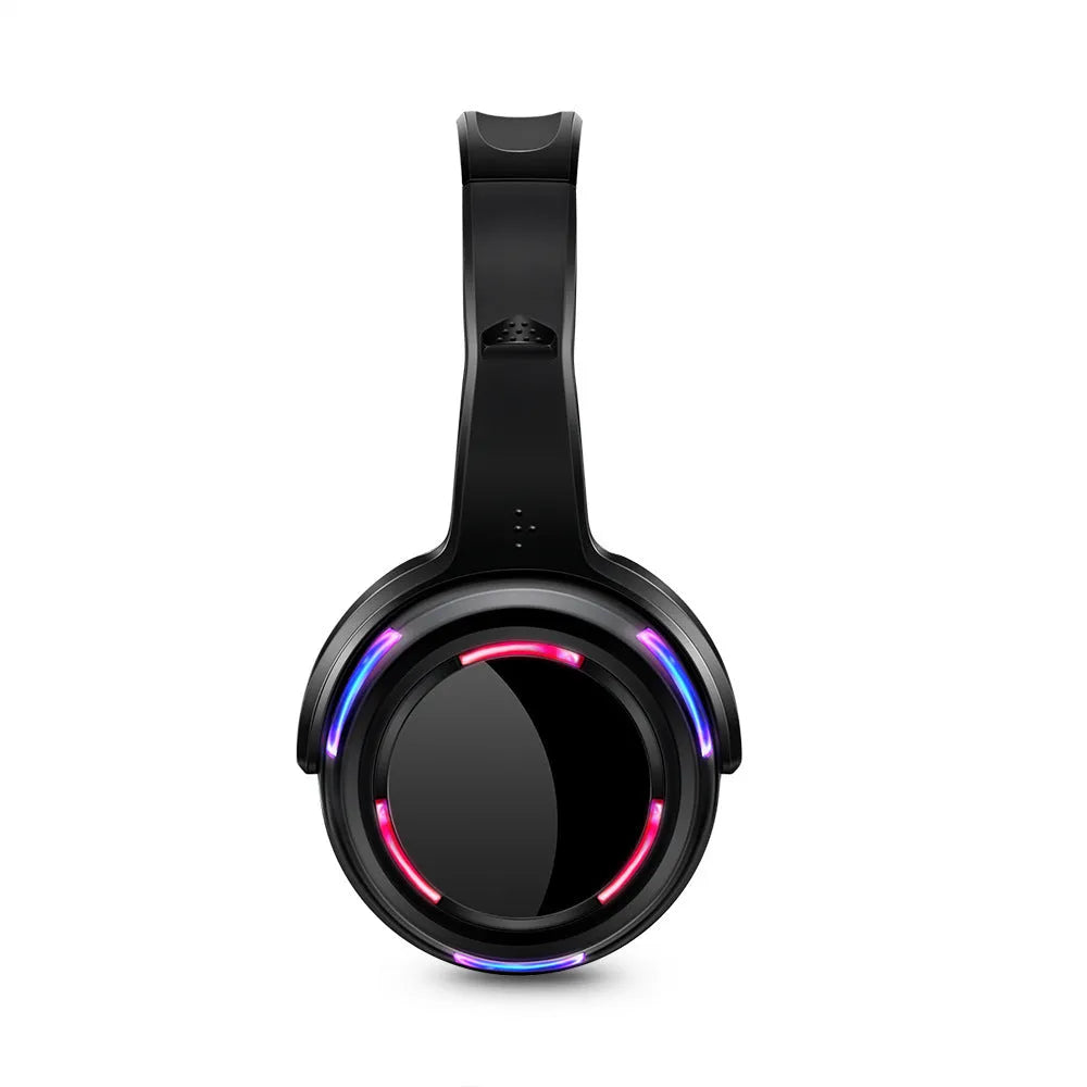 Black wireless silent disco headphones with head-mounted design and a 3.5mm plug