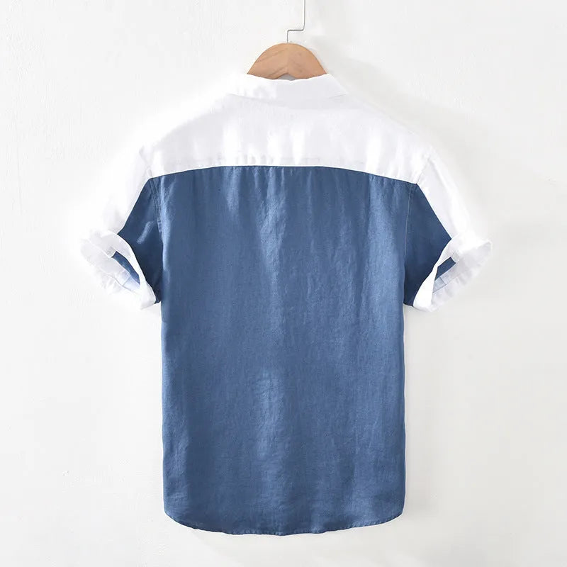 Men's white patchwork linen short sleeve shirt cardigan with square collar loose fit