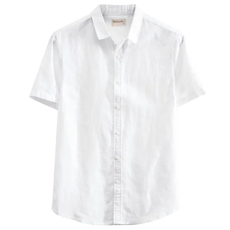 Men's loose fit linen short sleeve shirt with a square collar in sapphire blue.