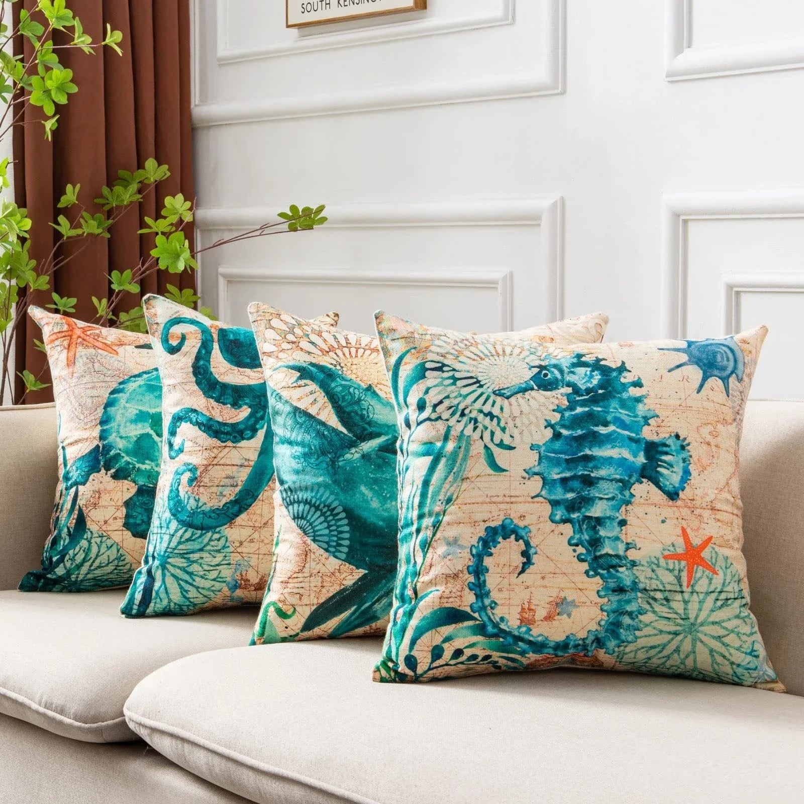 Decorative throw pillow covers featuring various marine-inspired designs like sea turtles, whales, octopus, and more on a linen background