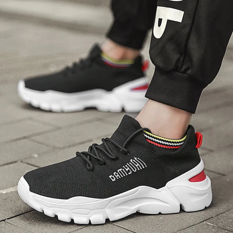 Korean fashion lace-up running shoes with breathable mesh interior, thick bottom heel, and car suture detail in black, green, white, yellow