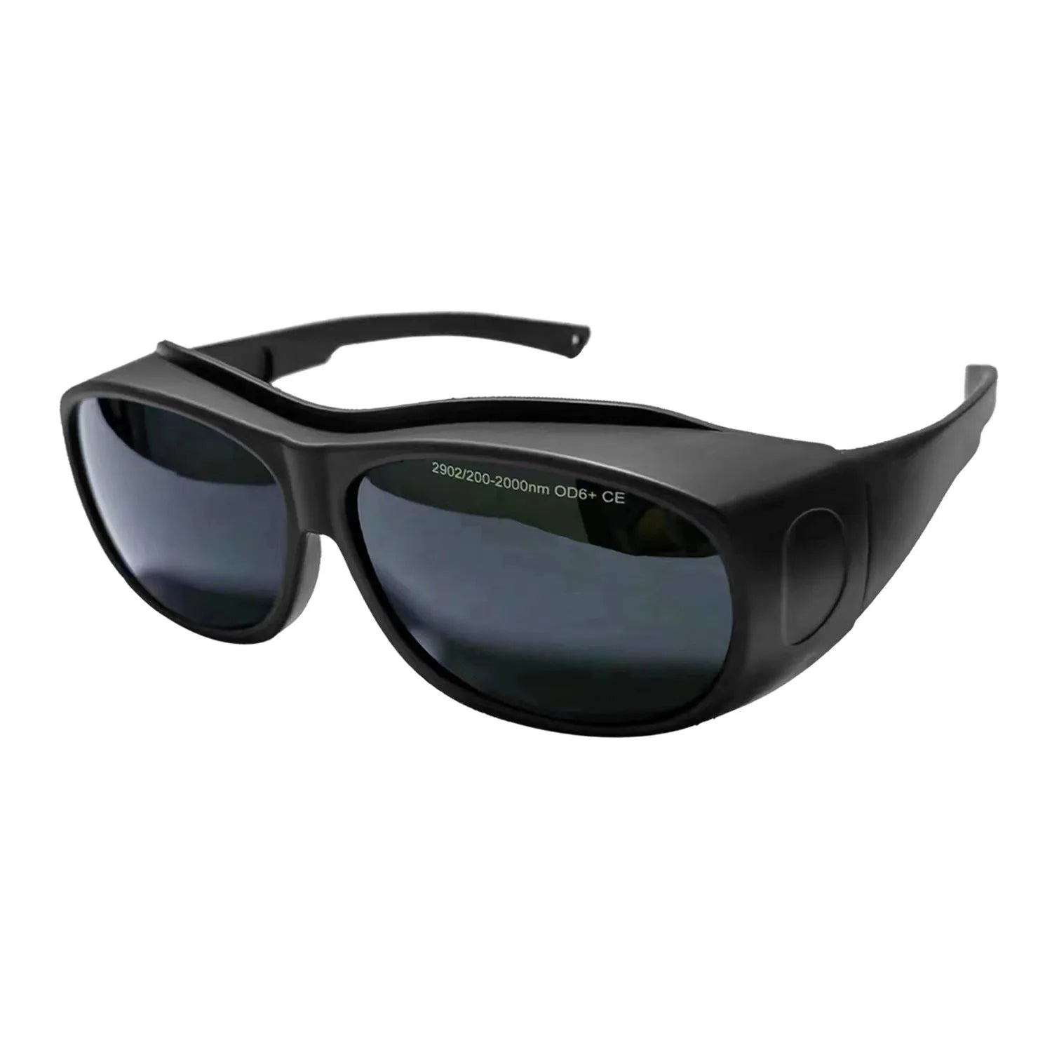 PC laser protection goggles for 200-2000nm optical radiation, includes cleaning cloth.