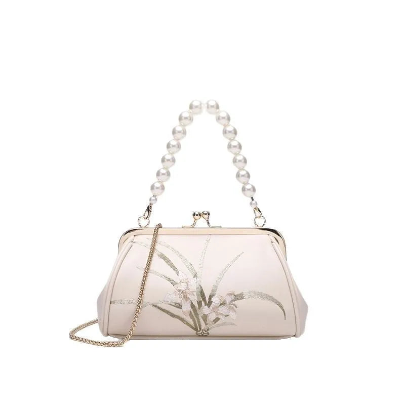 Beige soft PU leather women's shoulder bag with embroidery detail and shell shape design