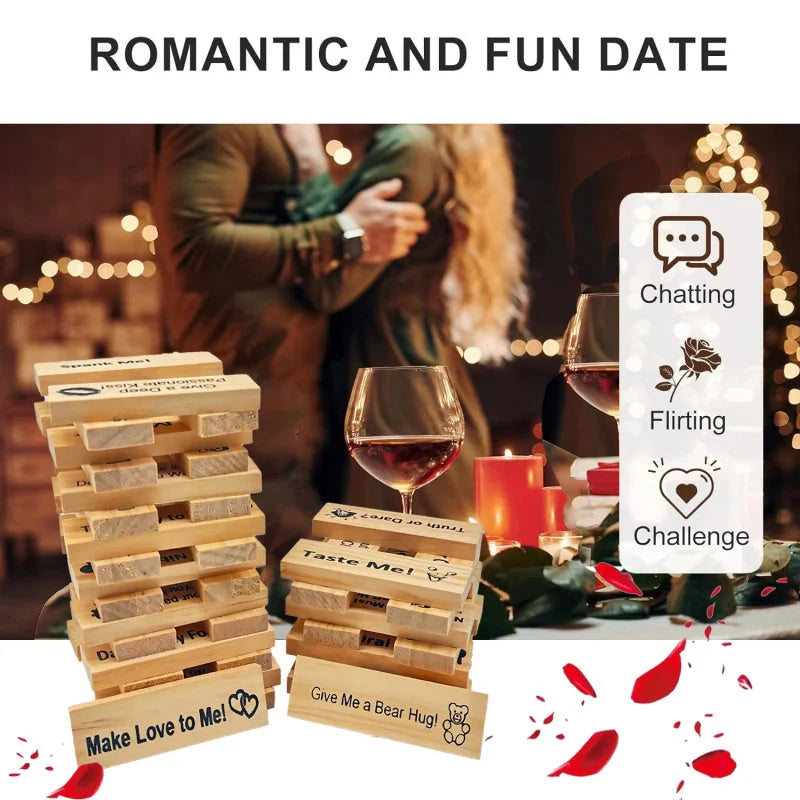 Sustainable wooden block tower game for couples, perfect for Valentine's Day and date nights