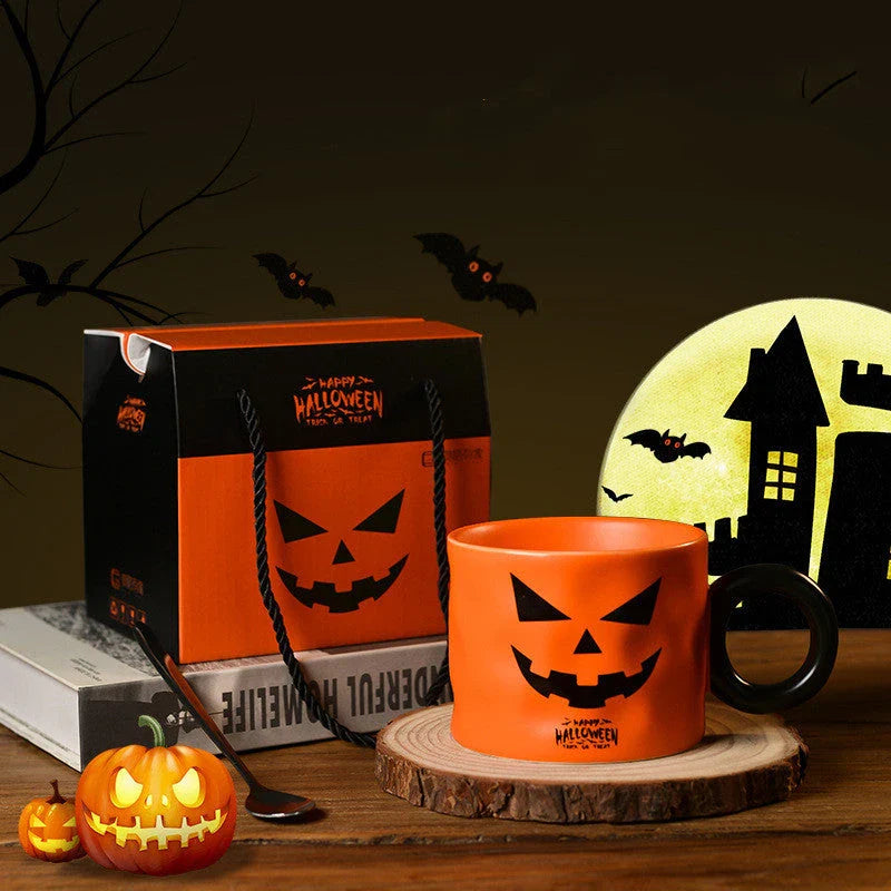 Pumpkin-shaped ceramic mugs in orange and white colors, perfect for enjoying hot drinks during the holidays